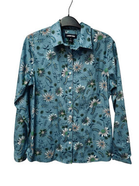Lands End Button Up Shirt Womens 8 Cotton Multicolor / Teal Floral Long Sleeves